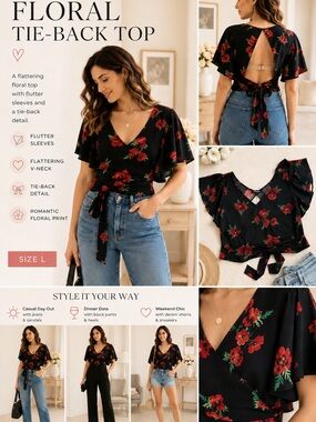 Express Black Floral Tie-Front Crop Top with Red Blossoms